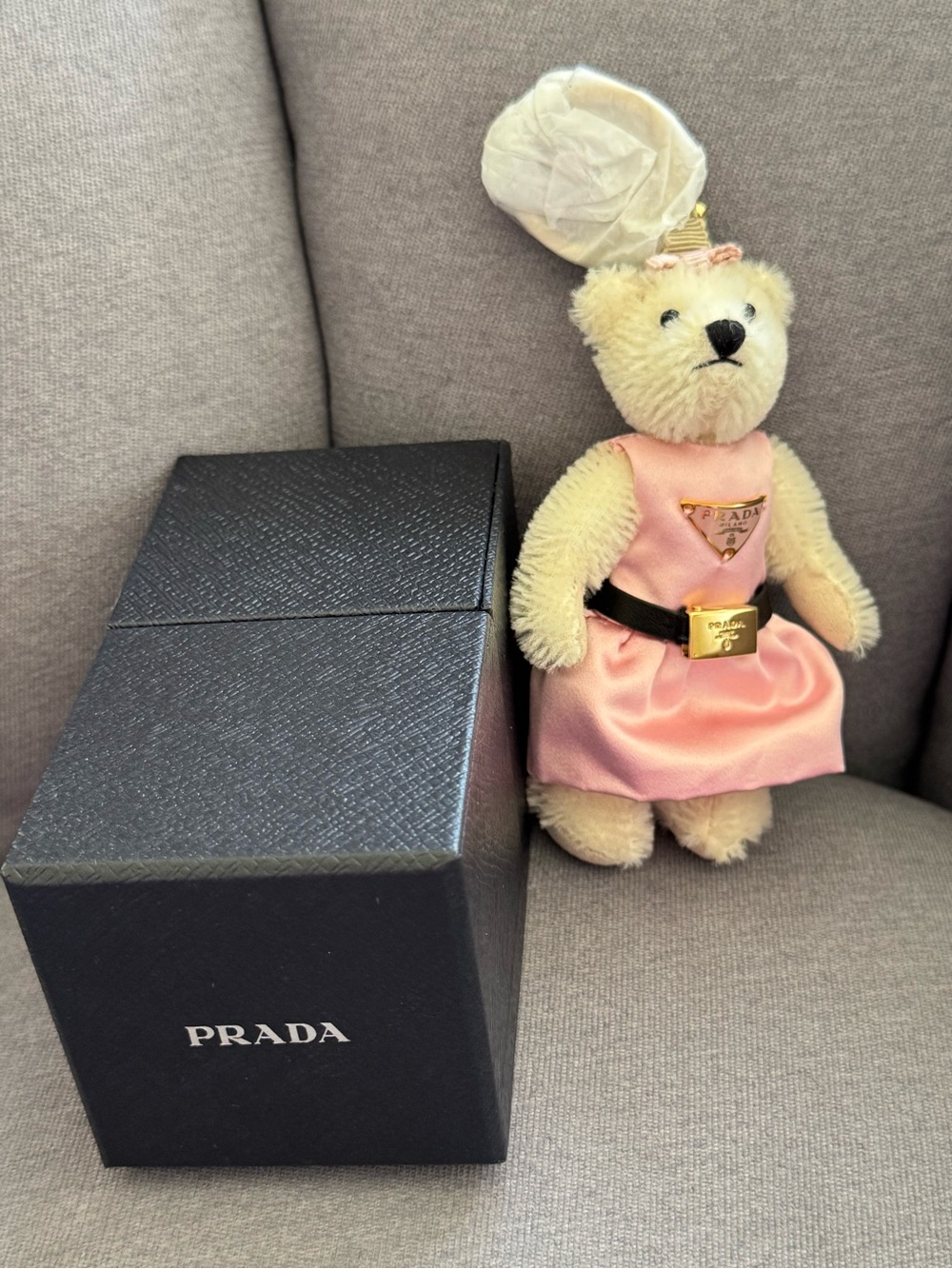 Prada Cream Teddy Bear with Pink Dress and Black Belt